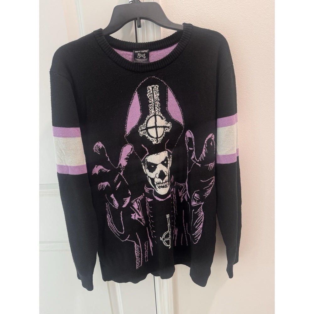 Hot Topic Ghost Band Mens L Black Graphic Knit Sweater Goth Emo Rock Purple Blk